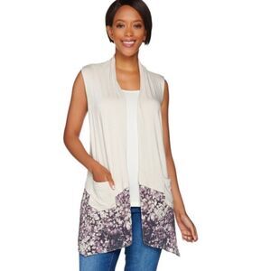 NWOT LOGO by Lori Goldstein Knit Vest with Printed Trim and Pockets | Size XS